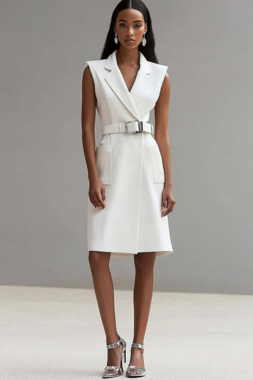 Ivory Satin Notched Lapel Midi Work Blazer Dress with Belt
